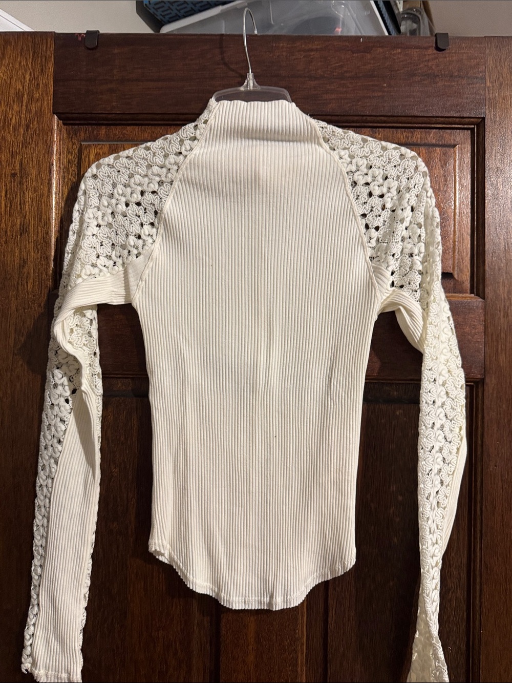 Free People Cream Ribbed Long-Sleeve Top with Crochet Sleeves